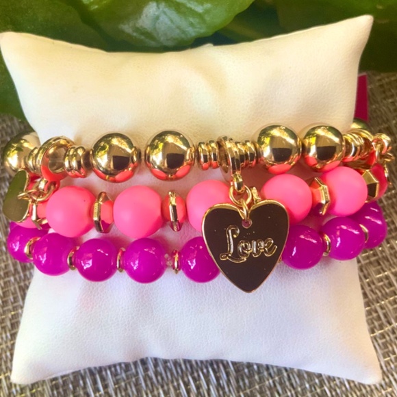 LILLY PULITZER NWT Bracelet Set  🩷 PINK LOVE HEART CHARM TRIO STRETCH /BEADED… - Picture 12 of 12